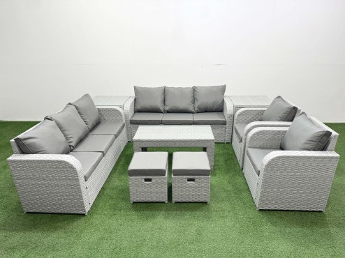 Fimous PE Rattan High Back Lounge Sofa Set Patio Oblong Coffee Table & Chairs Set with 3 Seater Sofa Reclining Chair Stools 2 Side Table Light Grey Image