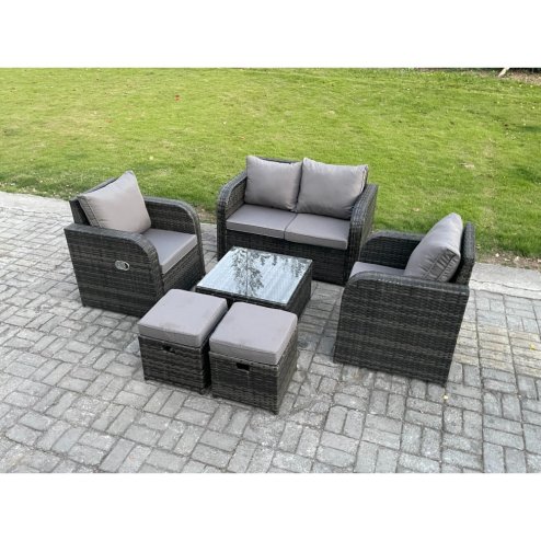 Fimous Rattan Garden Furniture Set Patio Conservatory Indoor Outdoor 6 Piece Set with Love Sofa Square Coffee Table 2 Small Footstools