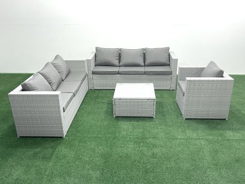 Fimous Wicker PE Rattan Sofa Garden Furniture Set with Armchair Square Coffee Table Light Grey Mixed