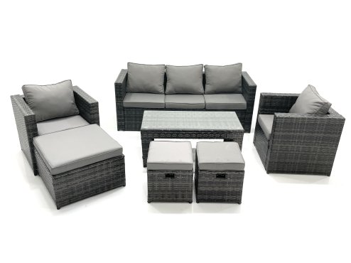 Fimous 8 Seater Rattan Garden Furniture Set Outdoor Lounger Sofa with Coffee Table 2 Armchair 3 Footstools Dark Grey Mixed