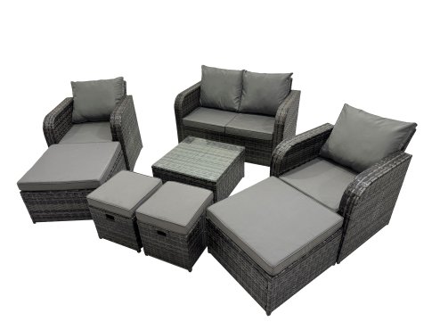 Fimous Rattan Garden Outdoor Furniture Set Love Sofa Reclining Chair Square Coffee Table Set with 4 Stools Dark Grey Mixed