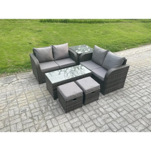 Fimous High Back Rattan Garden Furniture Set with Loveseat Sofa Rectangular Coffee Table 2 Small Footstools Side Table Indoor Outdoor Patio Lounge Sofa Set Dark Grey Mixed