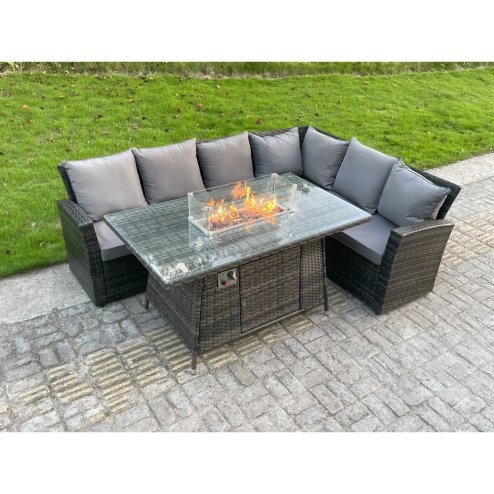 Fimous High Back Outdoor Rattan Corner Sofa Set Garden Furniture Set Gas Fire Pit Dining Table Gas Heater 6 Seater