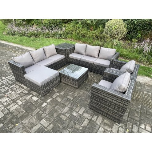 Fimous Outdoor Rattan Garden Furniture Set 9 Seater Patio Lounge Sofa Set with 2 Armchairs Side Table Square Coffee Table Big Footstool Dark Grey Mixed