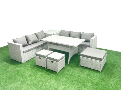 Fimous Rattan Garden Furniture Set 9 Seater Outdoor Sofa Set with Dining Table Side Table 3 Footstools Light Grey Mixed
