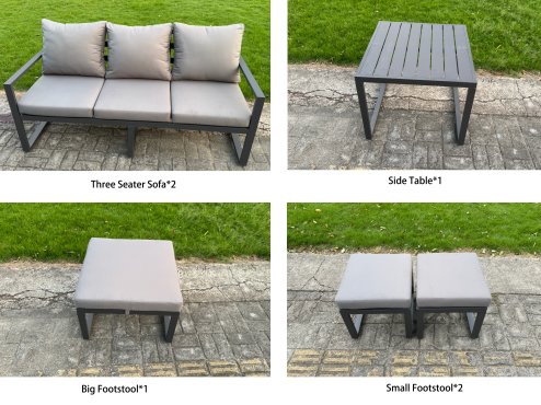 Fimous 6 Pieces Garden Furniture Set Aluminium Adjustable Rising Lifting Dining Table and Sofa Set with 3 Footstools Dark Grey