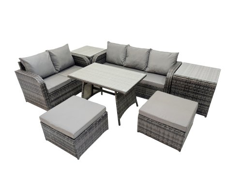Fimous 7 Seater Garden Outdoor Rattan Furniture Set Rattan Sofa Oblong Dining Table with 2 Side Tables 2 Big Stools Dark Grey