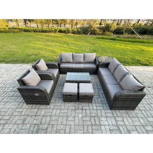 Fimous Rattan Outdoor Garden Furniture Sofa Set Patio Table & Chairs Set with 3 Seater Sofa Reclining Chair Side Table 2 Small Footstools Dark Grey Mixed