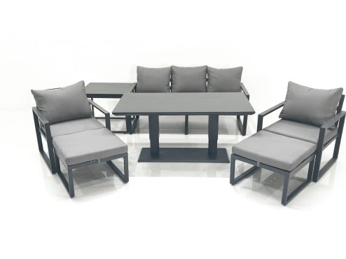 Fimous Outdoor Aluminium Garden Furniture Set with Adjustable Rising Lifting Dining Table 3 Seater Sofa 2 Chair 2 Big Footstools Side Table Dark Grey