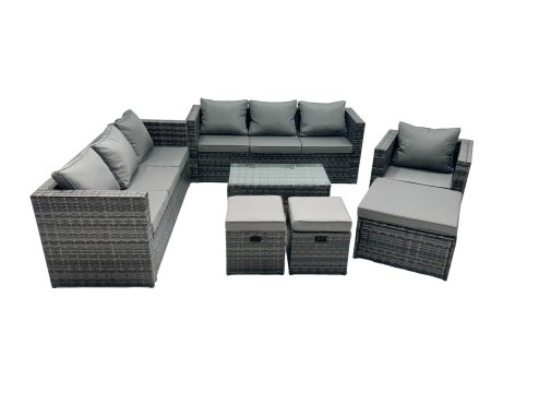 Fimous Rattan Garden Furniture Dining Set 10-seater Patio Coffee Table Sofa Set with 3 Stools Dark Grey Mixed