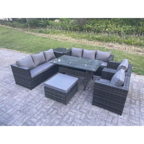 Fimous Outdoor Garden Furniture Rattan Lounge Sofa Set Patio Rectangular Dining Table with 2 Armchair Side Table Big Footstool 9 Seater Dark Grey Mixed
