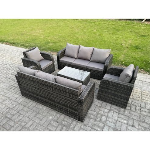 Fimous Rattan Outdoor Garden Furniture Sofa Set Patio Table & Chairs Set with 3 Seater Sofa Reclining Chair Dark Grey Mixed