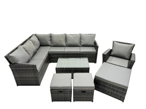 Fimous 10 Seat Poly Rattan Outdoor Patio Coffee Table Corner Sofa Set with 3 Stools Chair for Garden Backyard Dark Grey Mixed