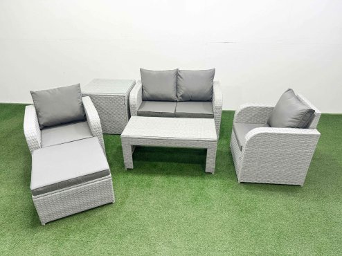 Fimous Light Grey PE Wicker Rattan Garden Furniture Set Sofa Set Reclining Adjustable Chair Oblong Coffee Table 5 Seater With Footstool Side Table