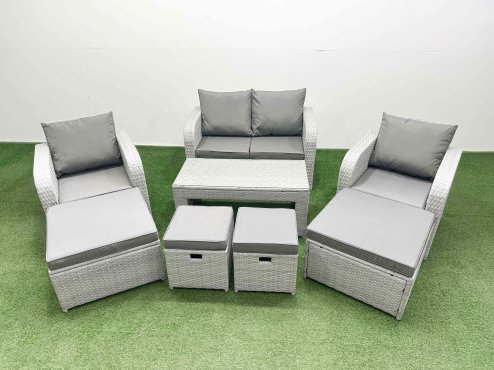 Fimous PE Wicker Rattan Furniture Sets with Oblong Coffee Table Love Sofa Reclining Chair 4 Stools Light Grey Mixed