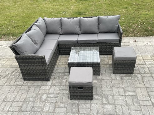 Fimous 8 Seater Outdoor Garden Furniture Set Wicker PE Rattan Corner Sofa Set with Square Coffee Table 2 Small Footstools Dark Grey Mixed