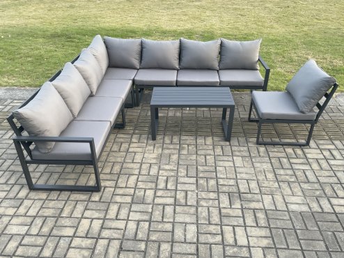 Fimous Aluminium 8 Seater Patio Outdoor Garden Furniture Lounge Corner Sofa Set with Oblong Coffee Table Dark Grey