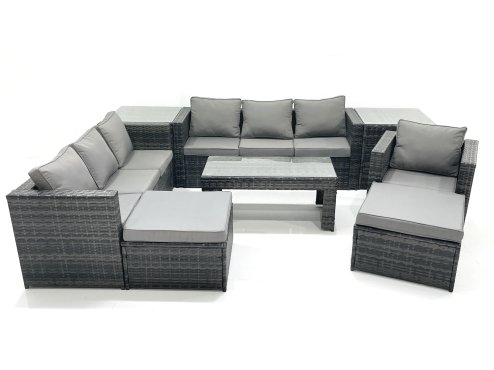 Fimous 9 Seater Rattan Garden Outdoor Furniture Set with 3 Seater Sofa Coffee Table 2 Big Footstool 2 Side tables