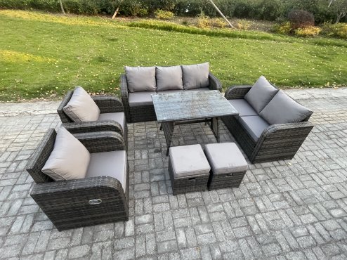 Fimous Outdoor Rattan Garden Furniture Set 9 Seater Patio Lounge Sofa Set with Dining Table 2 Small Footstools Dark Grey Mixed