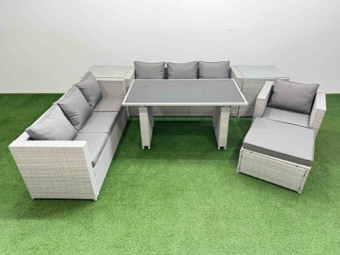Fimous Patio Garden Furniture Sets with Black Glass Top Dining Table 3 Seater Sofa Armchair 2 Side Tables Big Stool Light Grey