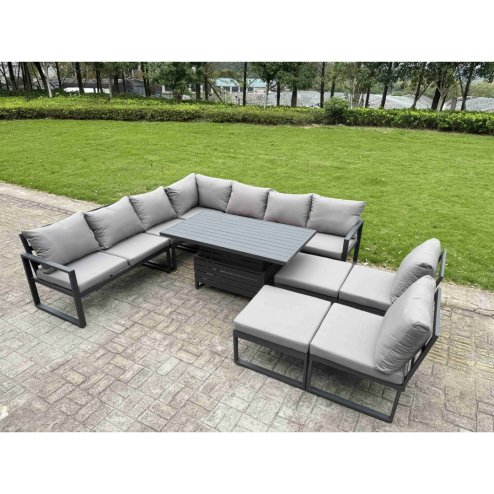 Fimous 9 Pieces Aluminium Garden Furniture Set with Cushions, Patio Furniture Set with Adjustable Rising Lifting Dining Table Big Footstool Dark Grey