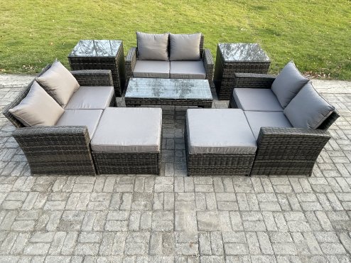 Fimous Outdoor U Shape Sofa Set Wicker PE Rattan Garden Furniture Set with Coffee Table Double Seat Sofa 2 Big Footstool 2 Side Tables Dark Grey Mixed
