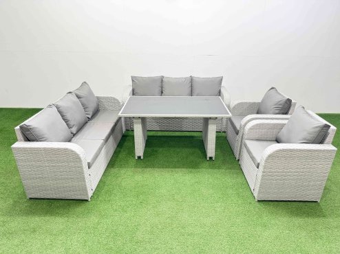 Fimous 8 Seater Wicker PE Rattan Furniture Outdoor Dining Table 3 Seater Sofa Reclining Chair Set Light Grey