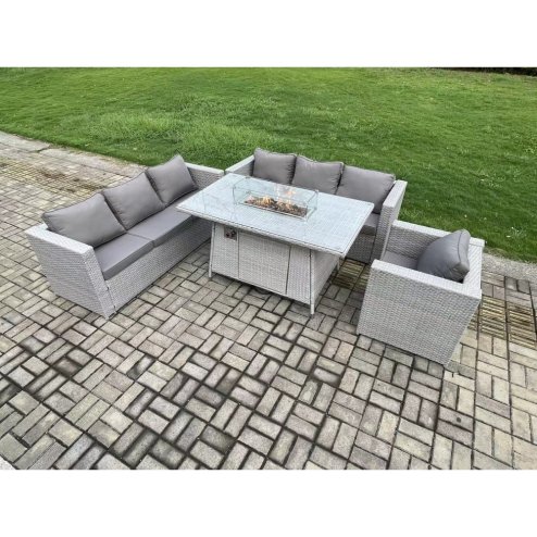 Fimous 7 Seater Outdoor Garden Dining Sets Rattan Furniture Gas Fire Pit Dining Table Gas Heater with Armchair Light Grey