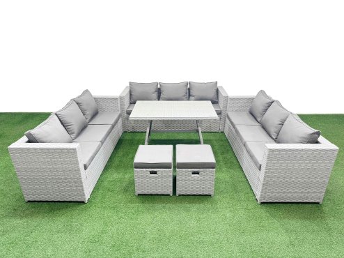 Fimous 11 Seat Outdoor Patio PE Rattan Garden Furniture with Cushions 3 Seater Sofa 2 Small Stools Light Grey
