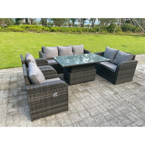Fimous Dark Mixed Grey Rattan Outdoor Garden Furniture Lifting Adjustable Dining Or Coffee Table Sets Love Seat 2 Seater Sofa 3 Seater Sofa Reclining Chairs 7 Seater