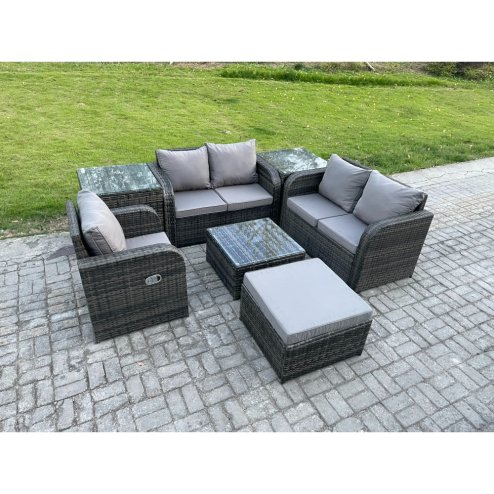 Fimous 7 Piece Garden Furniture Sets 6 Seater Outdoor Patio Furniture Set Weaving Wicker Rattan Sofa Chair and Table with 2 Side Tables Big Footstool