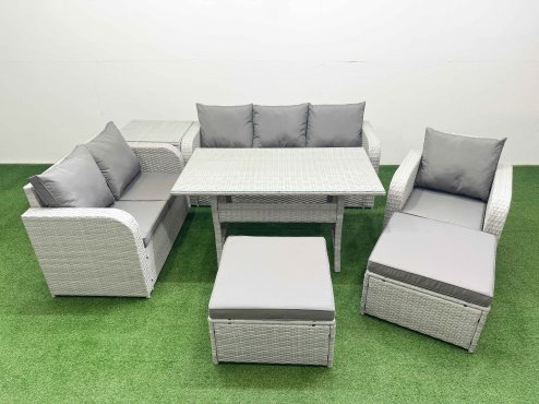 Fimous Patio PE Wicker 8 Seater Outdoor Rattan Furniture Sofa Sets with Rectangular Dining Table Reclining Chair Loveseat Sofa 3 Seater Sofa 2 Big Footstools Side Table Light Grey