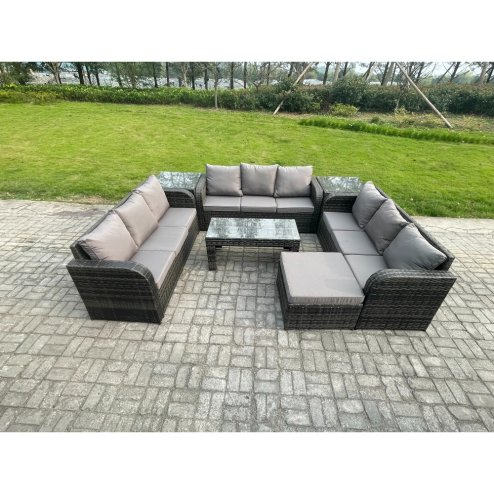 Fimous 10 Seater Rattan Garden Furniture Set Indoor Outdoor Patio Sofa Set with Coffee Table 2 Side Tables Big Footstool Dark Grey Mixed