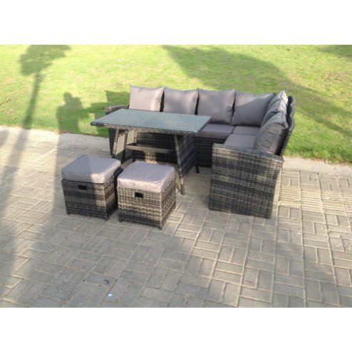 Fimous High Back Rattan Corner Sofa Set Dining Table Outdoor Furniture Dark Grey Mixed Right Option