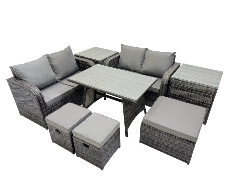 Fimous 7 Seater Garden Outdoor Rattan Furniture Set Rattan Sofa Oblong Dining Table with 2 Side Tables Dark Grey