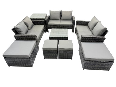 Fimous PE Rattan Garden Furniture Set Lounge Double Seat Sofa Coffee Table Set with Side Table 4 Stools Dark Grey Mixed