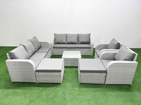 Fimous PE Rattan High Back Lounge Sofa Set Patio Square Coffee Table & Chairs Set with 3 Seater Sofa Reclining Chair 2 Big Footstool Light Grey Image