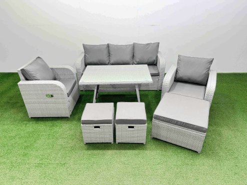 Fimous Reclining Chair 3 Seat Sofa Set Garden Furniture Set with Rectangular Dining Table 3 Footstools Light Grey