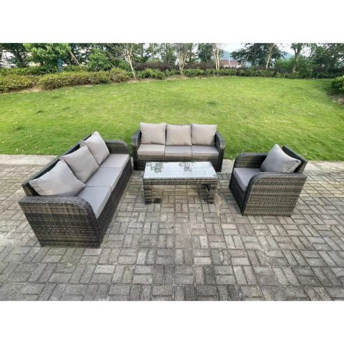Fimous 7 Seater Dark Grey PE Wicker High Back Rattan Garden Furniture Set Reclining Chair Lounge 3 Seater Sofa Set Outdoor Rectangular Coffee Table
