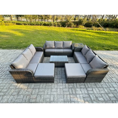 Fimous Outdoor Garden Furniture Sets 11 Seater Wicker Rattan Furniture Sofa Sets with Rectangular Coffee Table 3 Seater Sofa Side Table 2 Big Footstool Dark Grey Mixed