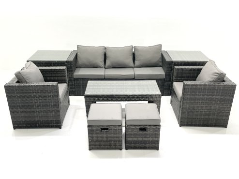 Fimous Rattan Garden Furniture Set Outdoor Lounger Sofa with Coffee Table 2 Armchair 2 Small Footstools 2 Side Tables Dark Grey Mixed