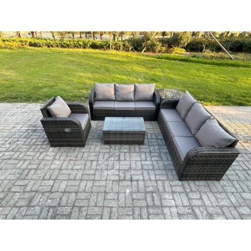 Fimous 7 Seater Rattan Outdoor Garden Furniture Sofa Set Patio Table & Chairs Set with 3 Seater Sofa Reclining Chair 3 Seater Sofa Side Table Dark Grey Mixed