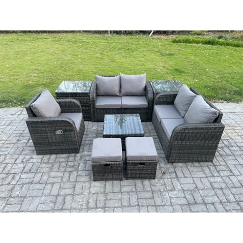 Fimous PE Rattan Garden Furniture Sets Outdoor Love Sofa Chair Set Square Coffee Table 2 Side Tables 2 Small Footstools