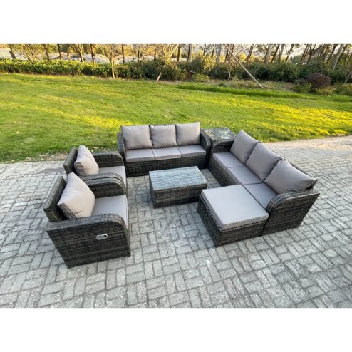 Fimous Rattan Outdoor Garden Furniture Sofa Set Patio Table & Chairs Set with 3 Seater Sofa Reclining Chair Big Footstool Side Table Dark Grey Mixed