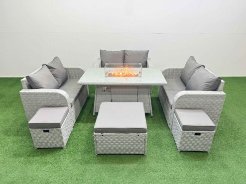 Fimous 9 Seater PE Wicker Rattan Furniture Sofa Sets with Firepit Dining Table 2 Seater Love Sofa 3 Stool Light Grey