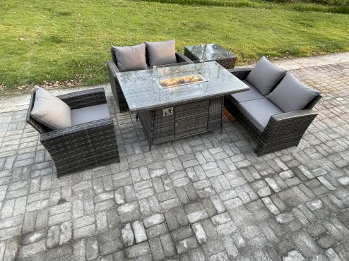 Fimous Rattan Outdoor Garden Furniture Gas Fire Pit Table Sets Gas Heater with Love Sofa Armchair Side Table 5 Seater Dark Mixed Grey