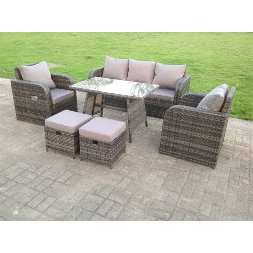 Fimous Dark Grey Mix PE Wicker Rattan Garden Furniture Set Sofa Set Reclining Adjustable Chair 7 Seater With Dining Table