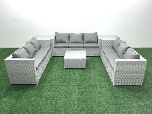 Fimous Rattan Garden Outdoor Furniture Set 9 Seater Rattan Garden Sofa Set with 2 Side Tables Light Grey Mixed