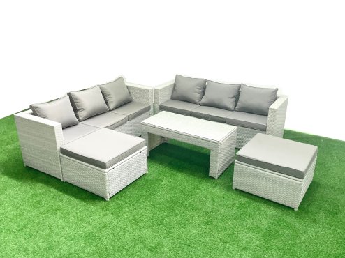 Fimous 8 Seater Garden Outdoor Rattan Furniture Set Rattan Garden Sofa Oblong Coffee Table with 2 Big Footstools Light Grey Mixed Image