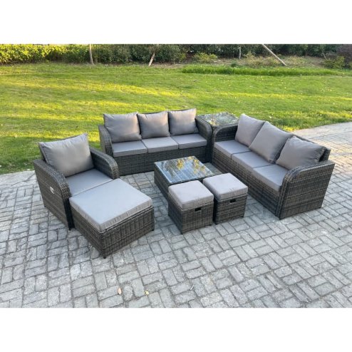 Fimous 10 Seater Outdoor Rattan Garden Furniture Set Conservatory Patio Sofa Coffee Table With Reclining Chair 3 Footstools Side Table Dark Grey Mixed